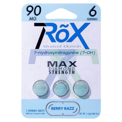 Discover the power of 7RõX 7Hydroxy Tablets in Berry Razz flavor: three chewable kratom tablets, each with 30 mg of 7-Hydroxymitragynine, totaling six servings. The sleek white pack with blue and grey text radiates modern elegance and MAX Diamond Strength.
