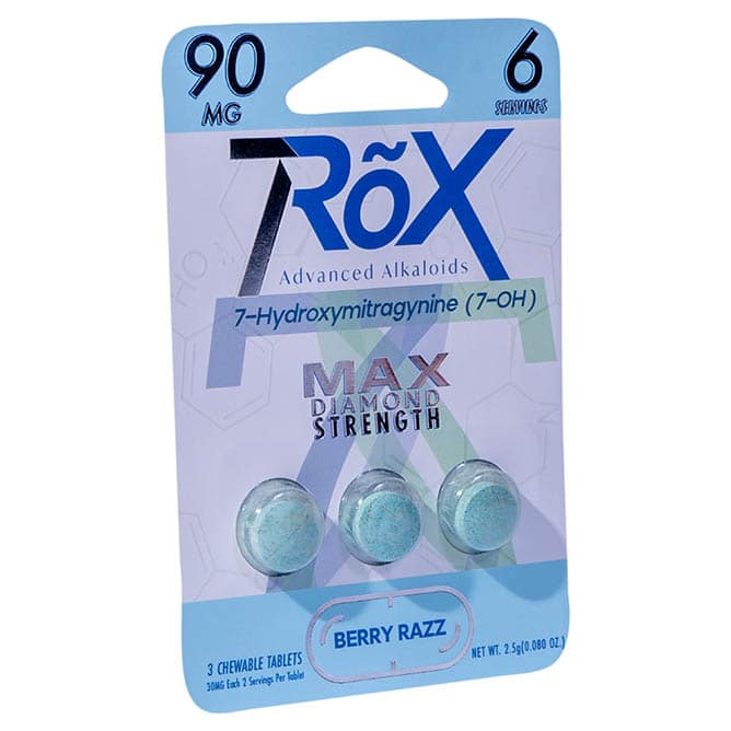 Introducing the 7RõX 7Hydroxy Tablets in Berry Razz, featuring three 30mg chewable tablets. The label highlights Max Diamond Strength and 7-Hydroxymitragynine, offering potent benefits with 6 servings against a sleek blue and white backdrop.