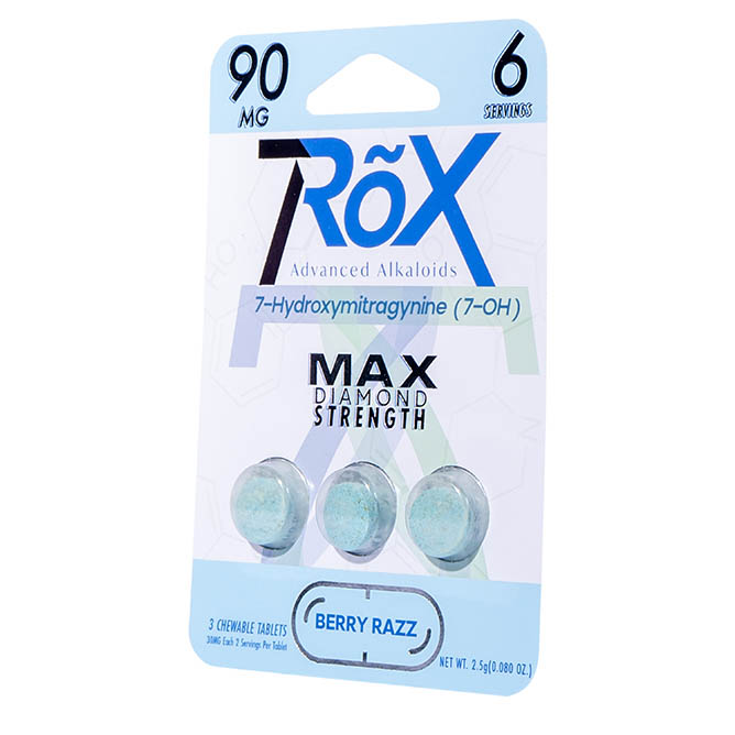 A product image shows 7RõX 7Hydroxy Tablets, a Berry Razz-flavored package containing three chewable kratom tablets (30mg each). Labeled MAX Diamond Strength, it features 7-Hydroxymitragynine for an ultimate rave experience.
