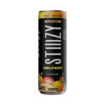 A black and orange can of STIIIZY Hemp Seltzer labeled Mango Tango. This alcohol-free, 12 fl oz (355 ml) beverage showcases colorful fruits with a fast acting label at the top.