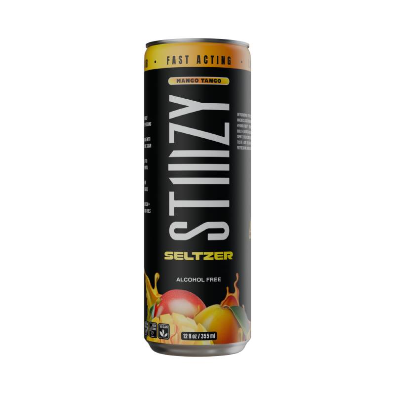 A black and orange can of STIIIZY Hemp Seltzer labeled Mango Tango. This alcohol-free, 12 fl oz (355 ml) beverage showcases colorful fruits with a fast acting label at the top.