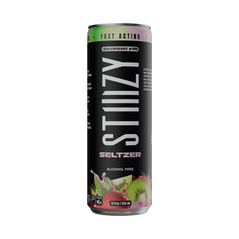 A 12 fl oz black and green can of STIIIZY Hemp Seltzer showcases the Strawberry Kiwi flavor. The label emphasizes Fast Acting with vibrant images of strawberries and kiwis, ensuring its alcohol-free.