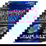 Packaging for Shrumfuzed MAX Blue Razz Mushroom Gummies shows two green gummies in round slots. Labeled 2 pack, each gummy is 1600mg, totaling 3200mg.