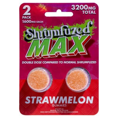 The Shrumfuzed MAX Nootropic Mushroom Gummies 2pc packaging highlights two potent gummies totaling 3200mg in vibrant red, featuring Double dose compared to normal Shrumfuzed and stating Must be 21+ to enjoy. Does not contain psilocybin, cannabinoids, or nootropics.