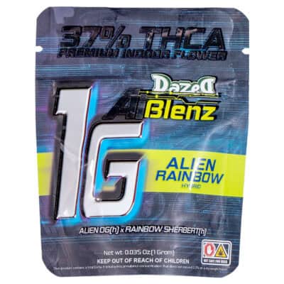 The Dazed AI Blenz packaging highlights 1G for one gram and 37% THCA Premium Indoor Flower. A warning symbol advises keeping it out of childrens reach. The design features a futuristic, colorful theme ideal for cannabis enthusiasts.