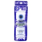 The blue and white Dazed8 Money Bag package displays the Blueberry Kush indica Dazed THCP Money Blenz Disposable 1g with 3000mg. Priced at $15, it features a cannabis leaf icon, adult-use warnings, and a design similar to Money Blenz currency.