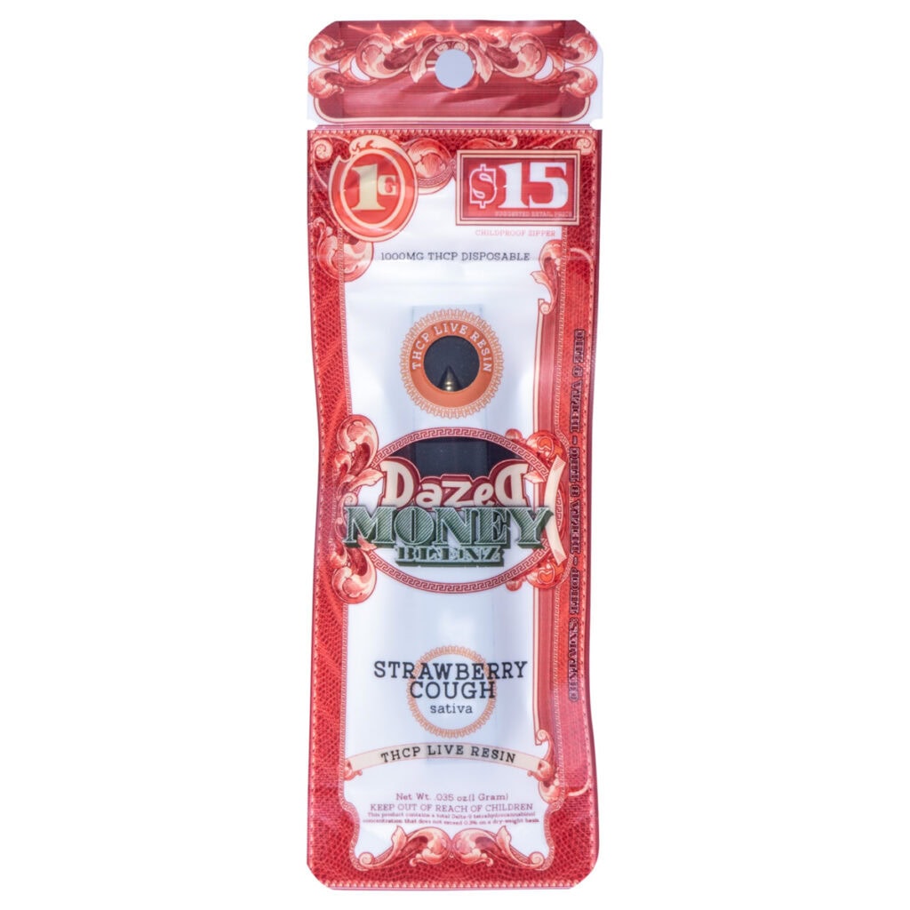 The $15 Dazed THCP Money Blenz Disposable 1g features a red and white package with intricate dollar bill designs, containing the Strawberry Cough Sativa THCP Live Resin, making it both eye-catching and intriguing.