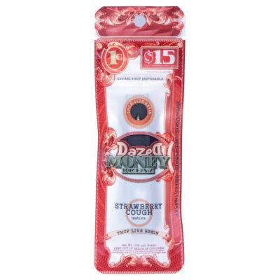 The $15 Dazed THCP Money Blenz Disposable 1g features a red and white package with intricate dollar bill designs, containing the Strawberry Cough Sativa THCP Live Resin, making it both eye-catching and intriguing.
