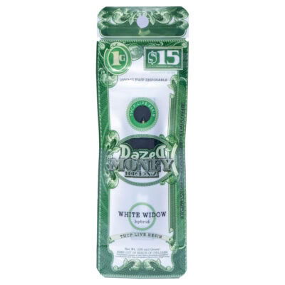 The green and white packaging of the $15 Dazed THCP Money Blenz Disposable 1g, labeled Dazed Money, features the hybrid White Widow and highlights its THCP Live Resin content with a central circular logo that captures attention effortlessly.