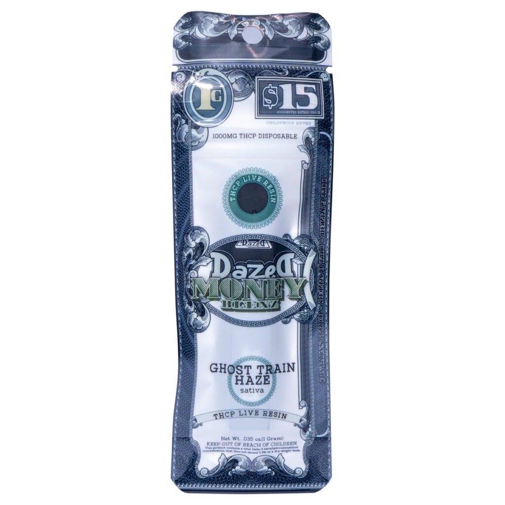 The vertical package of the Dazed THCP Money Blenz Disposable 1g shines in silver and green, priced at $15. It contains 1000mg of THCP with Sativa elegantly displayed, featuring intricate currency motifs.