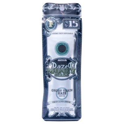 The vertical package of the Dazed THCP Money Blenz Disposable 1g shines in silver and green, priced at $15. It contains 1000mg of THCP with Sativa elegantly displayed, featuring intricate currency motifs.
