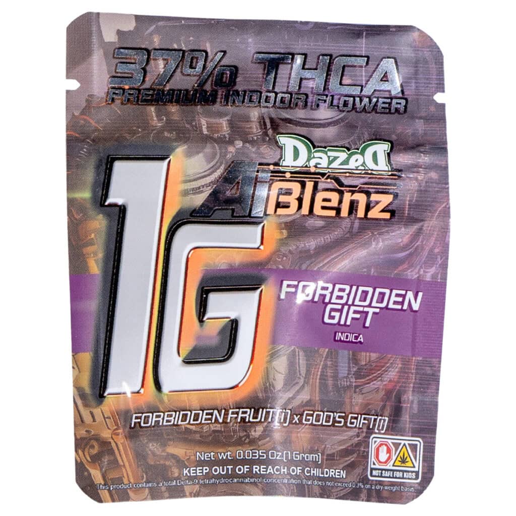 The Dazed AI Blenz Premium Indoor Cannabis THCa Flower 1g package contains the Forbidden Gift Indica strain, a blend of Forbidden Fruit x Gods Gift genetics, featuring 37% THCa and highlighting exquisite cannabis craftsmanship in a 0.035 oz (1 gram) presentation.