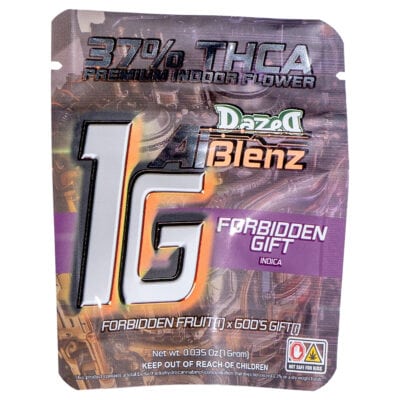 The Dazed AI Blenz Premium Indoor Cannabis THCa Flower 1g package contains the Forbidden Gift Indica strain, a blend of Forbidden Fruit x Gods Gift genetics, featuring 37% THCa and highlighting exquisite cannabis craftsmanship in a 0.035 oz (1 gram) presentation.