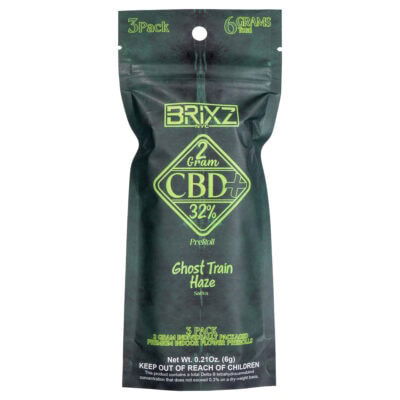 A sleek black package labeled BRIXZ NYC with CBD+ 32% Pre-Roll in green text contains three 2g pre-rolls of Sativa Ghost Train Haze, totaling 6g (0.21 oz). Keep out of reach of children.