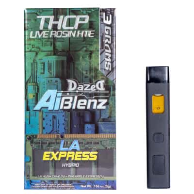 A box labeled Dazed THCP Live Rosin AI Blenz Disposable 3g sits next to a sleek black vaping device with green and blue digital graphics. The devices distinctive yellow button and mouthpiece add allure.