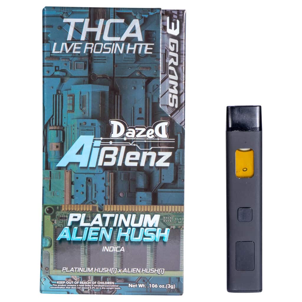 The Dazed THCA Live Rosin AI BLenz Disposable 3g package, with its blue and gray circuit design, features the Platinum Alien Kush Indica flavor. A sleek black vape pen with a yellow button accompanies it.