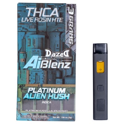 The Dazed THCA Live Rosin AI BLenz Disposable 3g package, with its blue and gray circuit design, features the Platinum Alien Kush Indica flavor. A sleek black vape pen with a yellow button accompanies it.