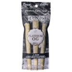 The image shows a BRIXZ NYC package containing a 3-pack of Premium Indoor Platinum OG THCa Pre-Rolls with 33% THCA, featuring a sleek black and silver design with wooden texture accents. A warning advises to keep out of reach of children.