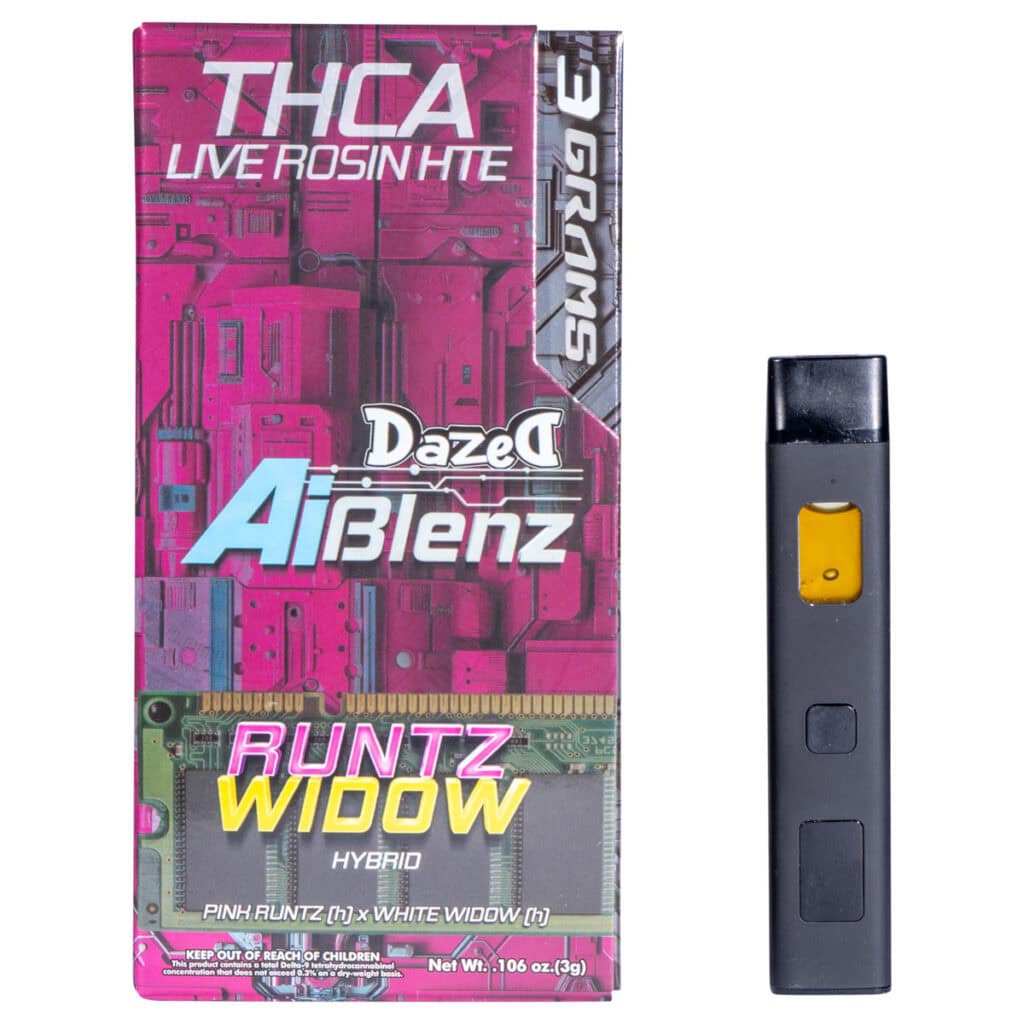 The Dazed THCA Live Rosin AI BLenz Disposable 3g, labeled Runtz Widow Hybrid, comes in a sleek pink and black box highlighting the fusion of Pink Runtz and White Widow. Its conveniently packaged as a 3g disposable with a net weight of 1.06 oz.