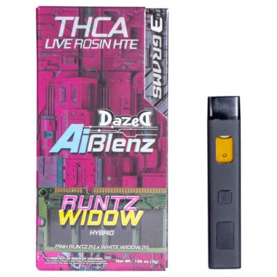 The Dazed THCA Live Rosin AI BLenz Disposable 3g, labeled Runtz Widow Hybrid, comes in a sleek pink and black box highlighting the fusion of Pink Runtz and White Widow. Its conveniently packaged as a 3g disposable with a net weight of 1.06 oz.