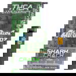 An image features the Dazed THCA Live Rosin AI BLenz Disposable 3g vaping product. The green tech-themed packaging is labeled Shark Crack Sativa, and a disposable vape pen stands nearby, showcasing the Green Crack x Great White Shark flavor blend.
