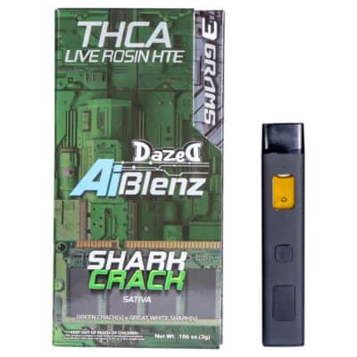 An image features the Dazed THCA Live Rosin AI BLenz Disposable 3g vaping product. The green tech-themed packaging is labeled Shark Crack Sativa, and a disposable vape pen stands nearby, showcasing the Green Crack x Great White Shark flavor blend.