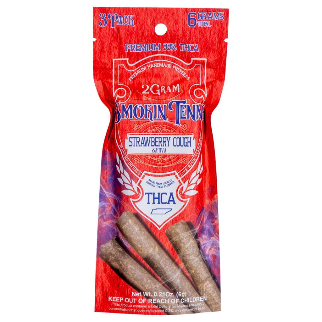 A red Smokin Tenns Strawberry Cough package displays three THCA pre-rolls, stating 3-Pack, 6 Grams Total, and Premium 37% THCA, along with a warning: Keep Out of Reach of Children.