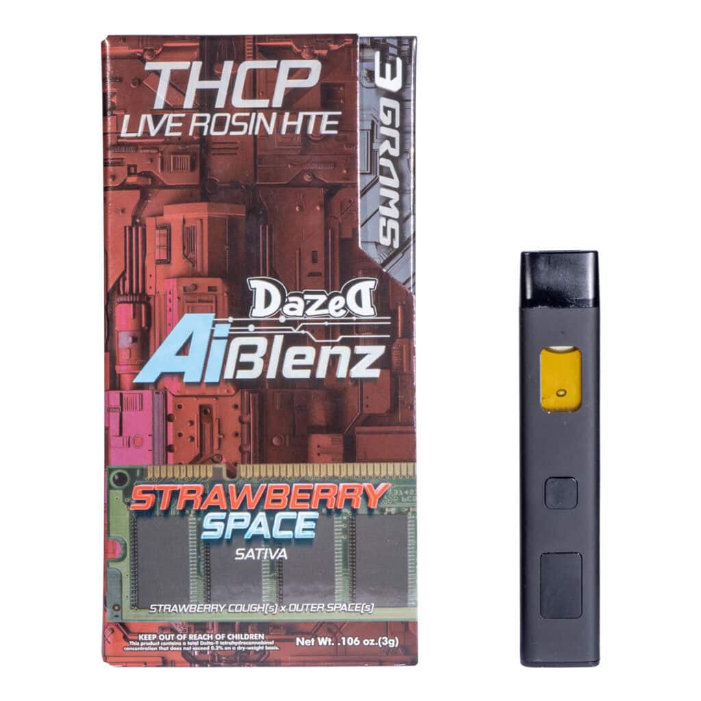 A sleek black vape pen lies next to a vibrant box reading Dazed THCP Live Rosin AI BLenz Disposable 3g. This delightful disposable offers a Strawberry Space Sativa flavor and an intricate circuit board design, artfully merging technology with taste.