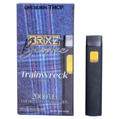 BRIXZ THCa D9P Premium Indoor Flower 1oz The image showcases a BRIXZ NYC Bespoke THCP Disposable 2g vape package with a blue plaid design, featuring the text 2000MG Tailor Made Perfection and Live Rosin | THCP, accompanied by a black disposable vape pen with a yellow window.