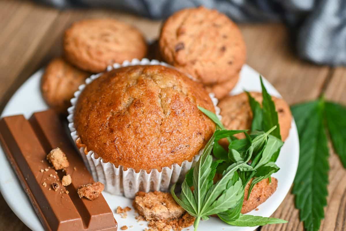 Different types of CBD edibles are placed on a plate for consumption