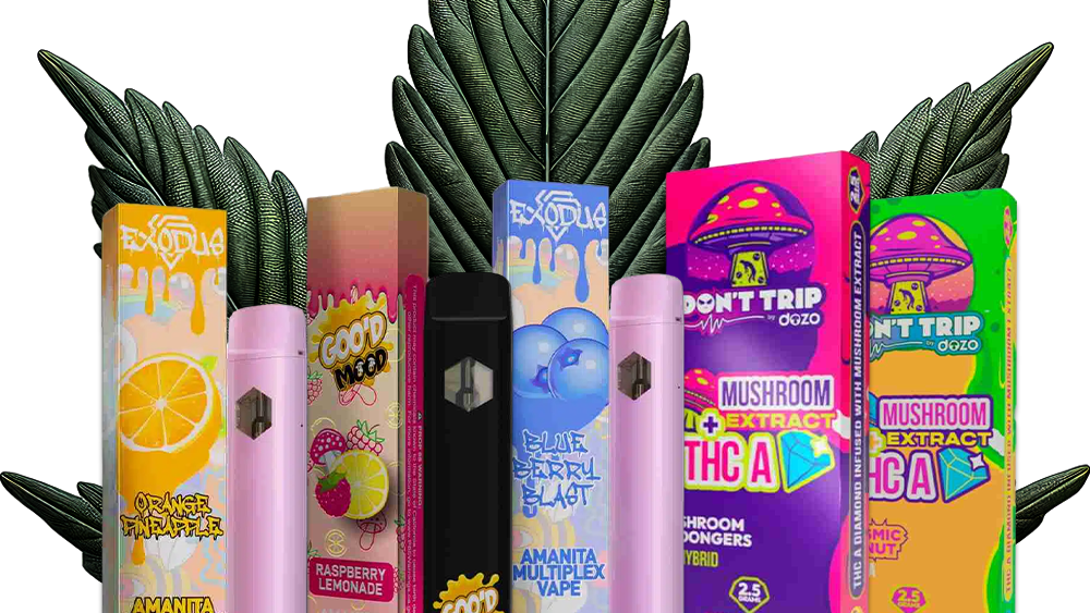 Colorful array of disposable vape packages with flavors like raspberry lemonade and mushroom extract, featuring graphic designs. Background shows green leaves. The word VAPES is displayed at the bottom.