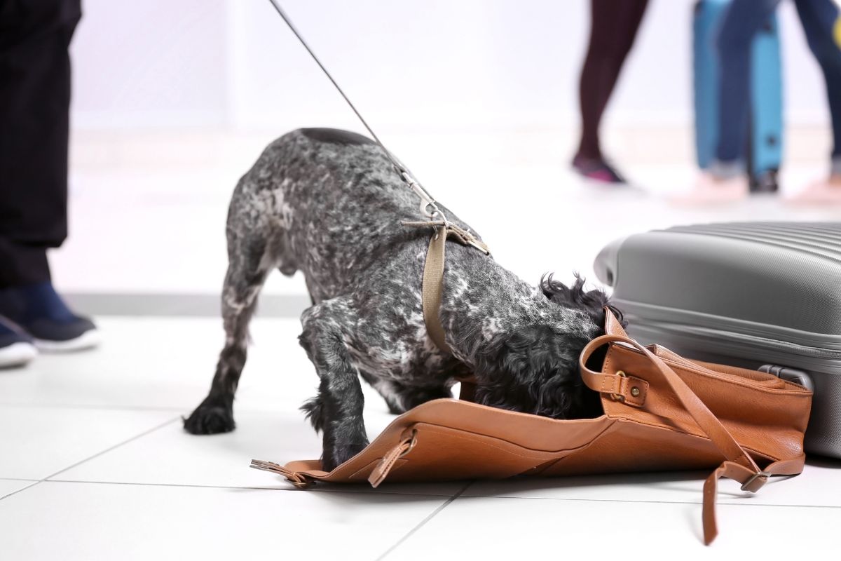 A dog smelling the scent of a vape pen inside a bag