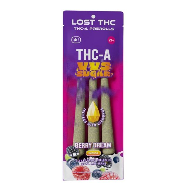 Lost THC THCa VVS Sugar Diamond Infused Pre-Rolls 3pc Berry Dream (Indica)