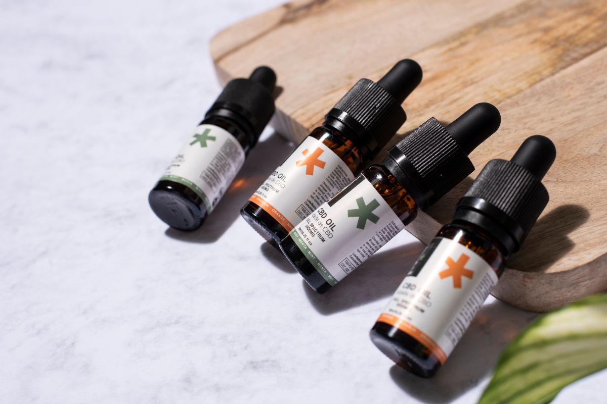 Several CBD oil bottles displayed together