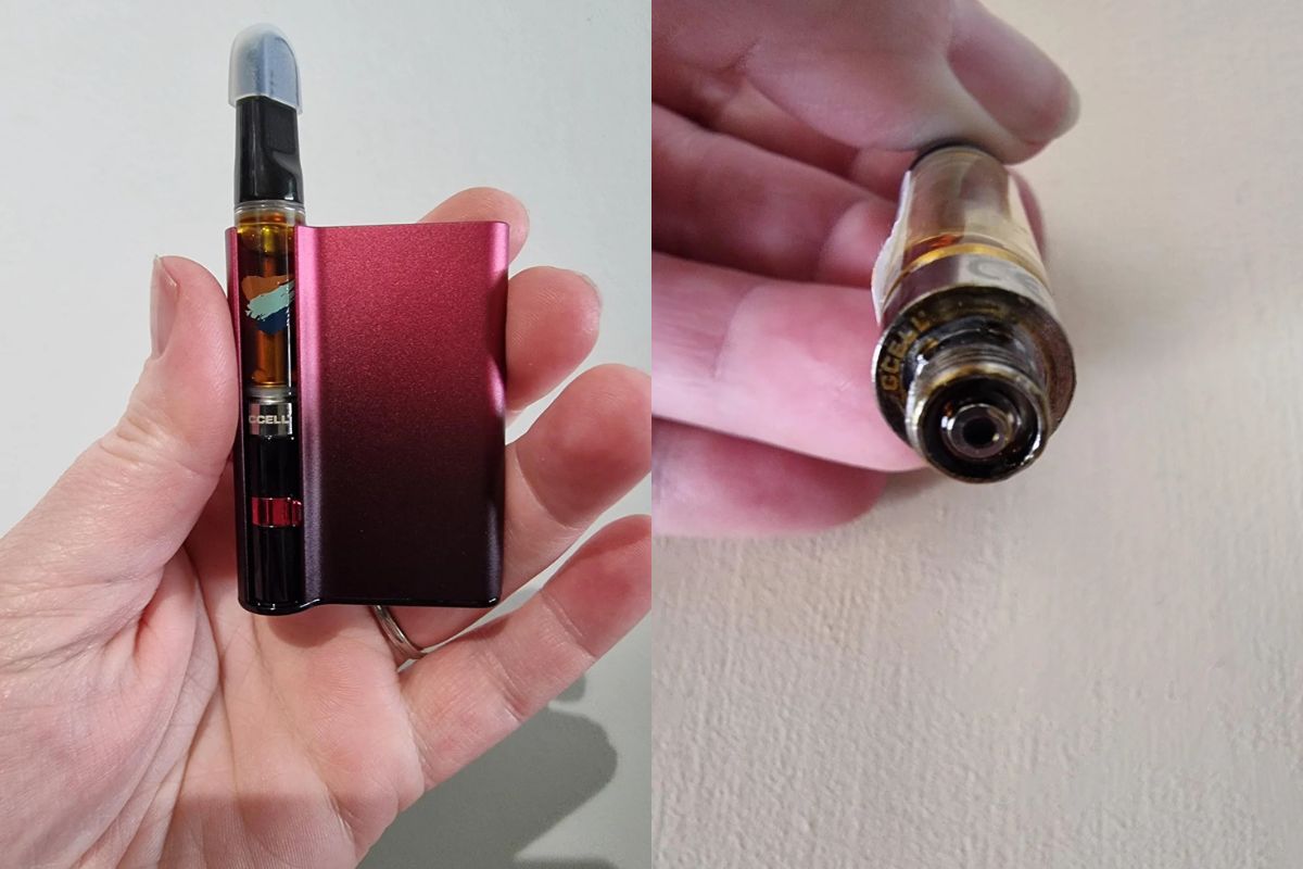 Vape cart close up view of leaking from the bottom
