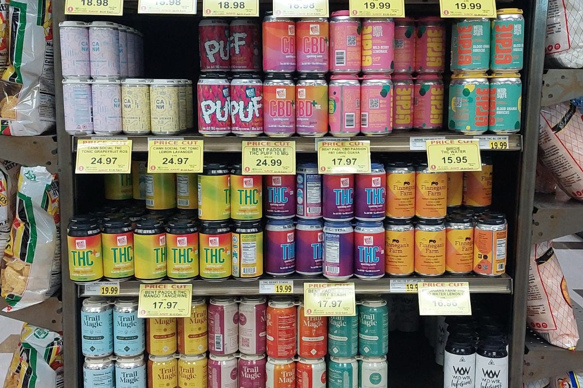 A collection of different thc drinks kept at a shop