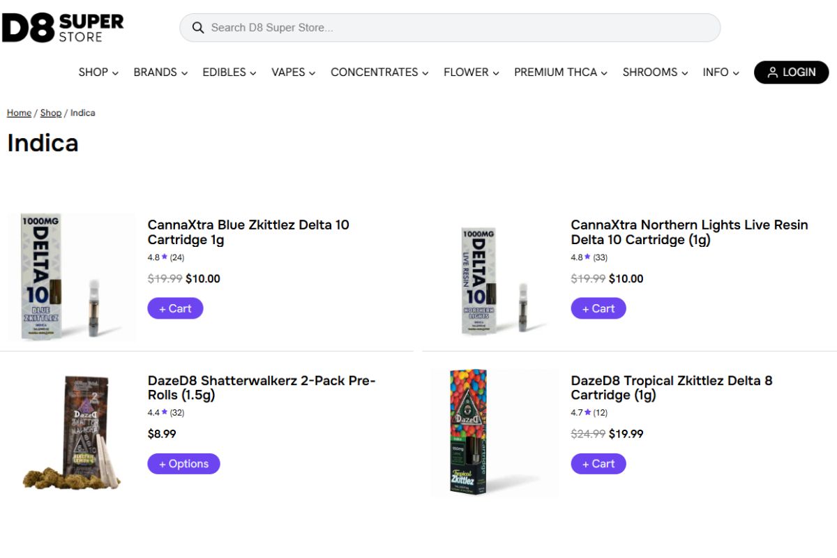 A collection of indica strain products for sale online