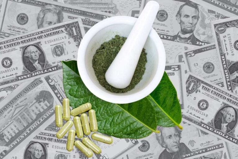 Kratom products placed over money, symbolizing their value