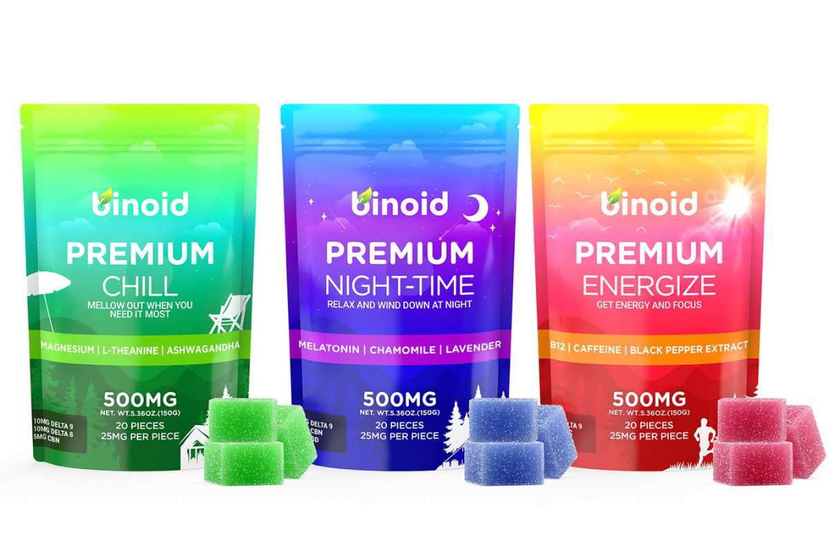 A collection of Binoid gummies is placed together