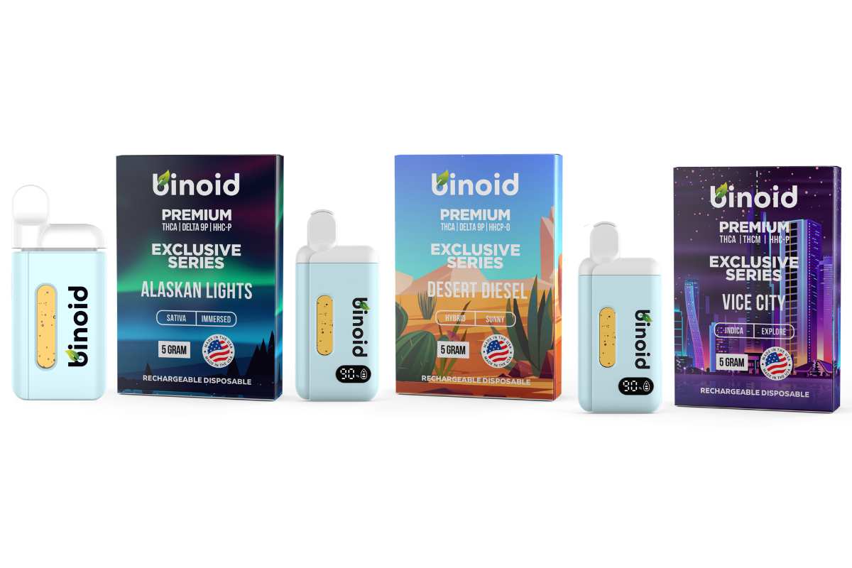 A collection of binoid's different disposable vapes
