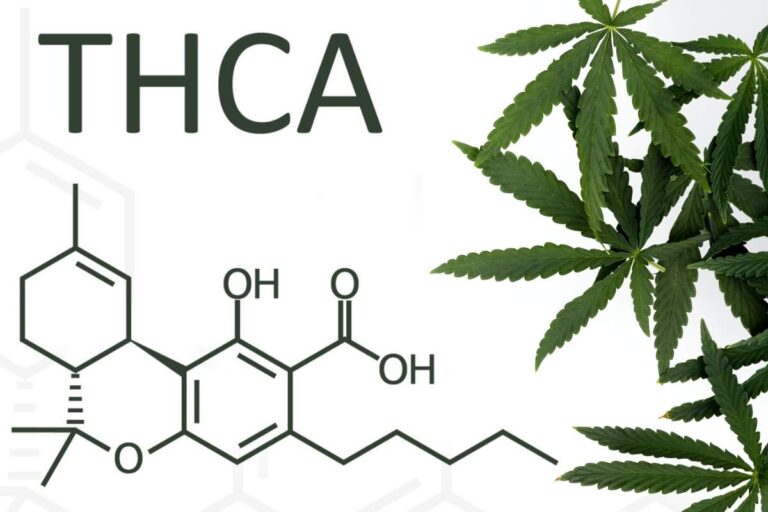 The image shows cannabis leaves alongside the THCA formula