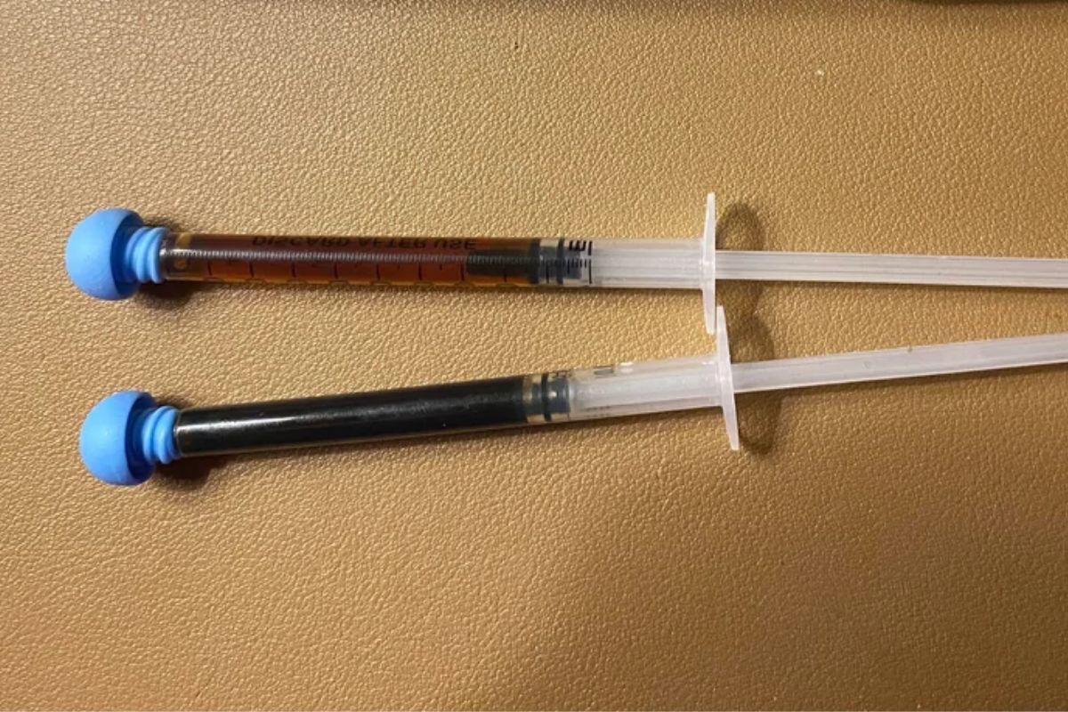 Two syringes of RSO cannabis oil placed side by side
