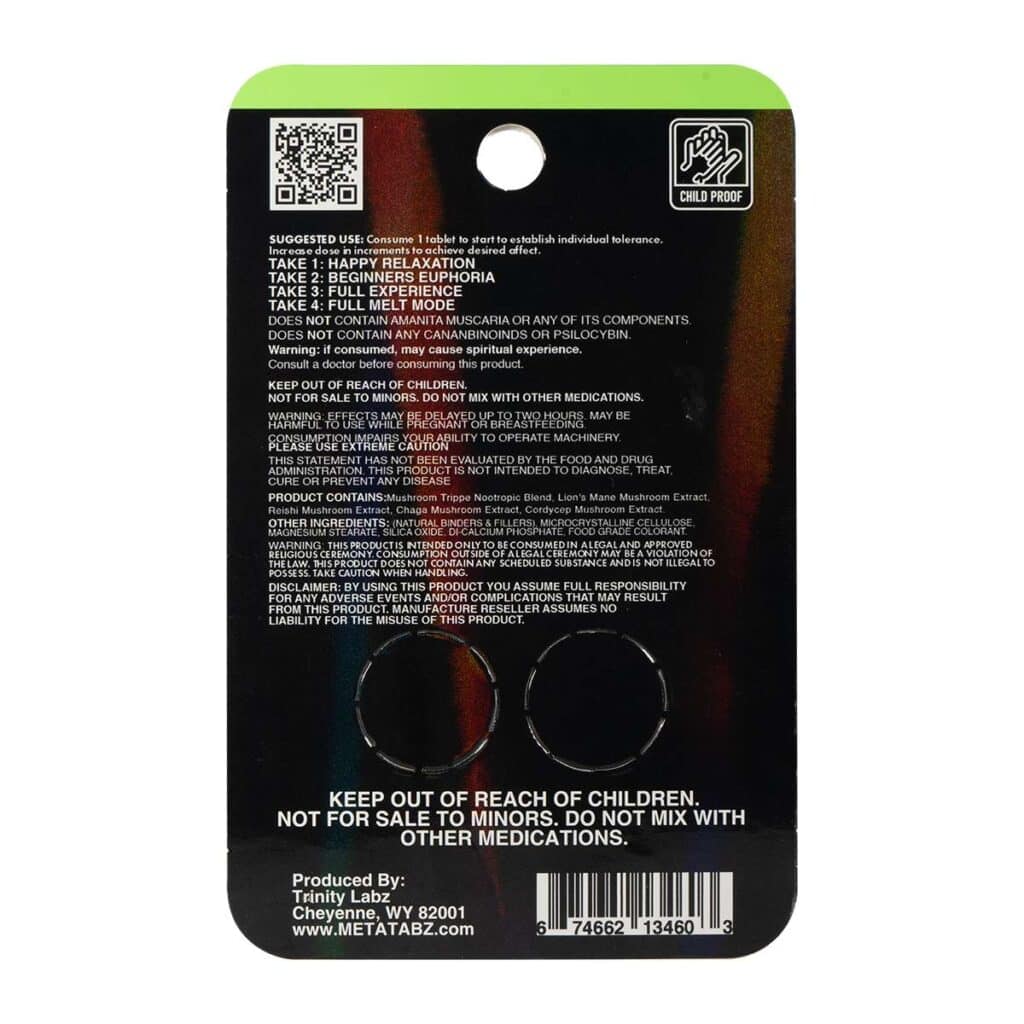 Meta Tabz Nootropic Shroomz tablets 2pc green apple back