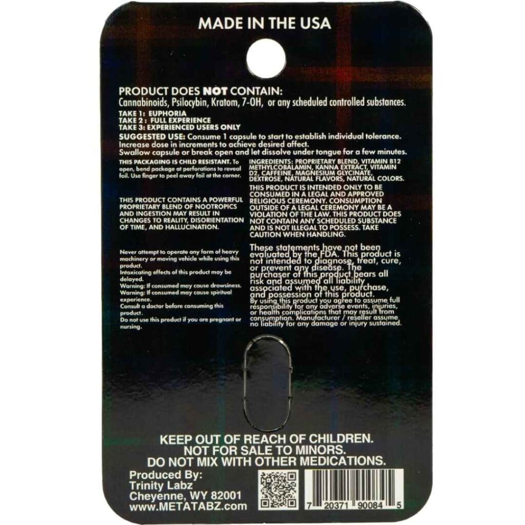 Meta Tabz KetaKapz Capsules 1 pack – Berries flavor, back photo showing supplement details and ingredients.