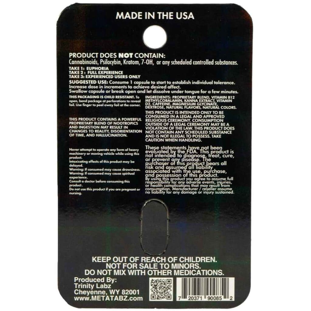 Meta Tabz KetaKapz Capsules 1 pack – Spearmint flavor, back photo showing supplement details and ingredients.