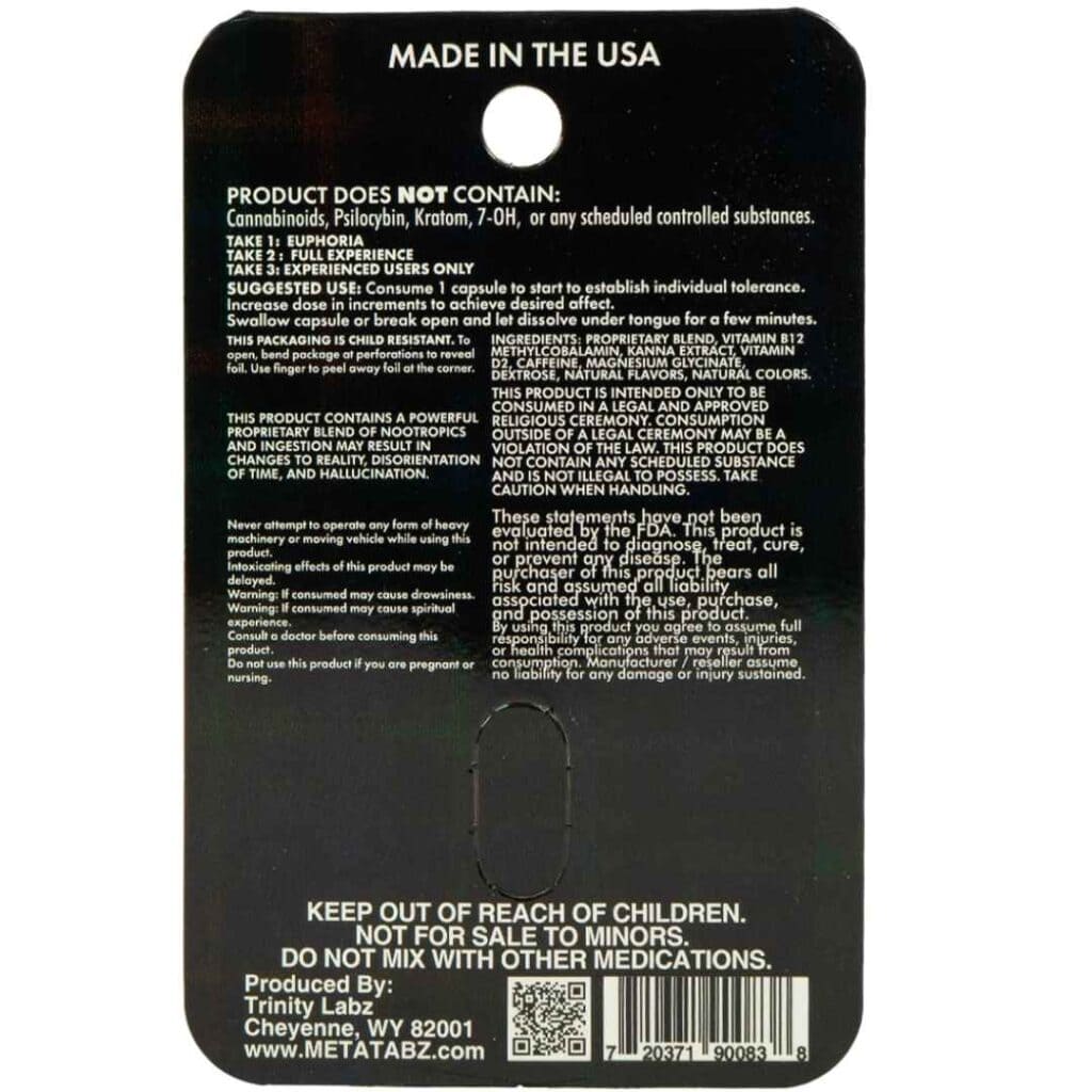 Meta Tabz KetaKapz Capsules 1 pack – Unflavored, back photo showing supplement details and ingredients.
