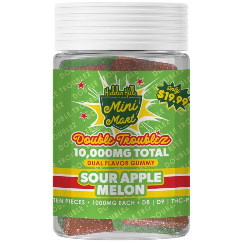 Hidden Hills Mini Mart Double Troublez 10,000mg Gummies 10ct Sour Apple Melon