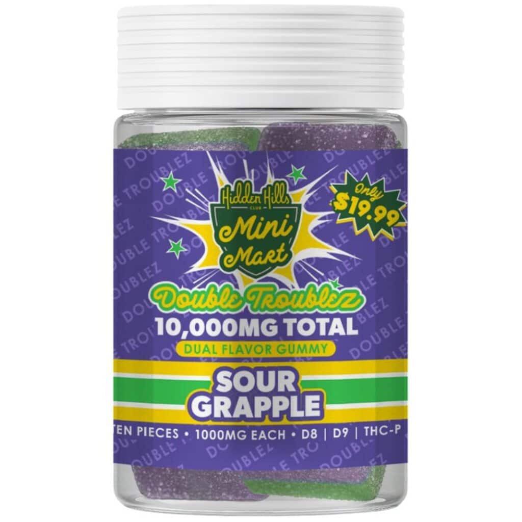 Hidden Hills Mini Mart Double Troublez 10,000mg Gummies 10ct Sour Grapple