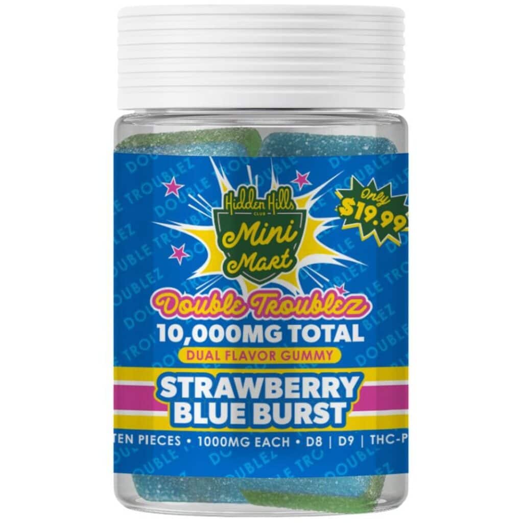 Hidden Hills Mini Mart Double Troublez 10,000mg Gummies 10ct Strawberry Blue Burst