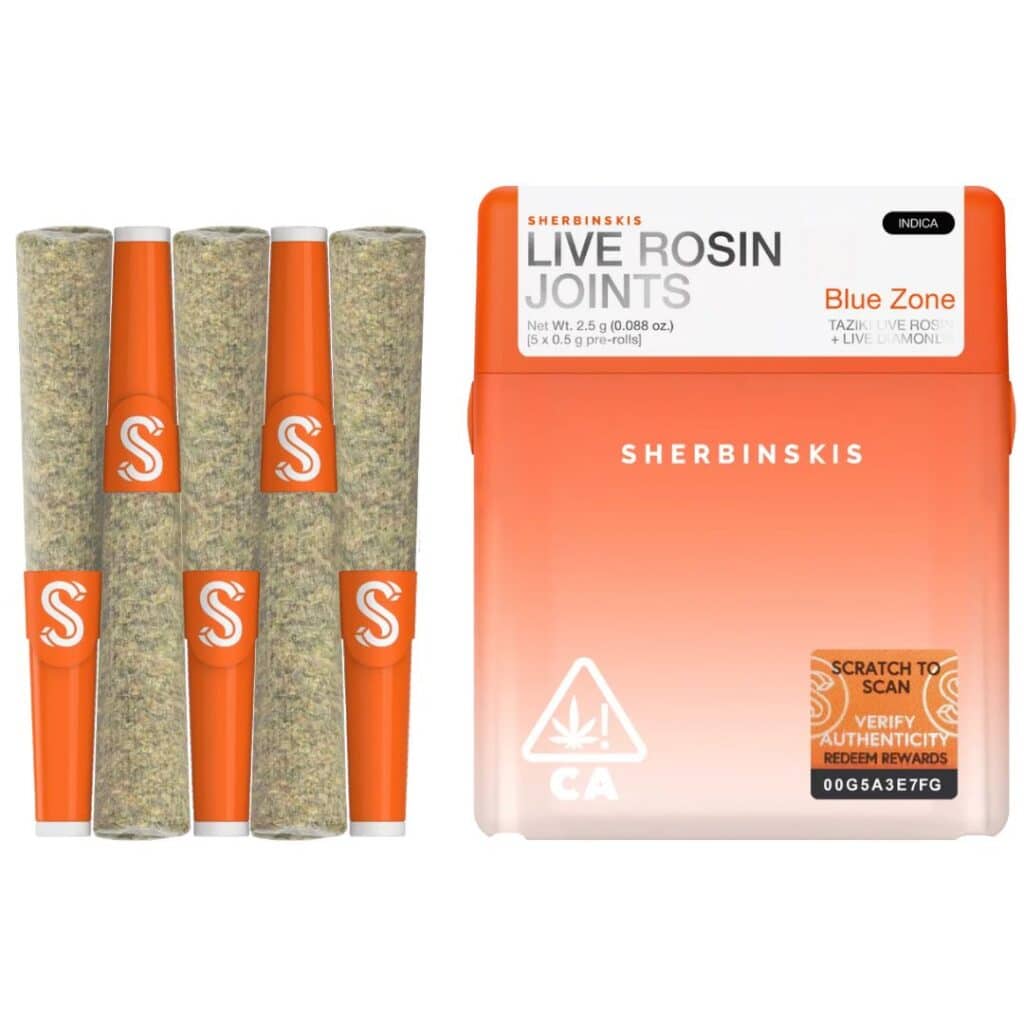 Sherbinskis THCa Live Rosin Infused Prerolls 2.5g 5ct Blue Zone (F) + Taziki (R) – Indica